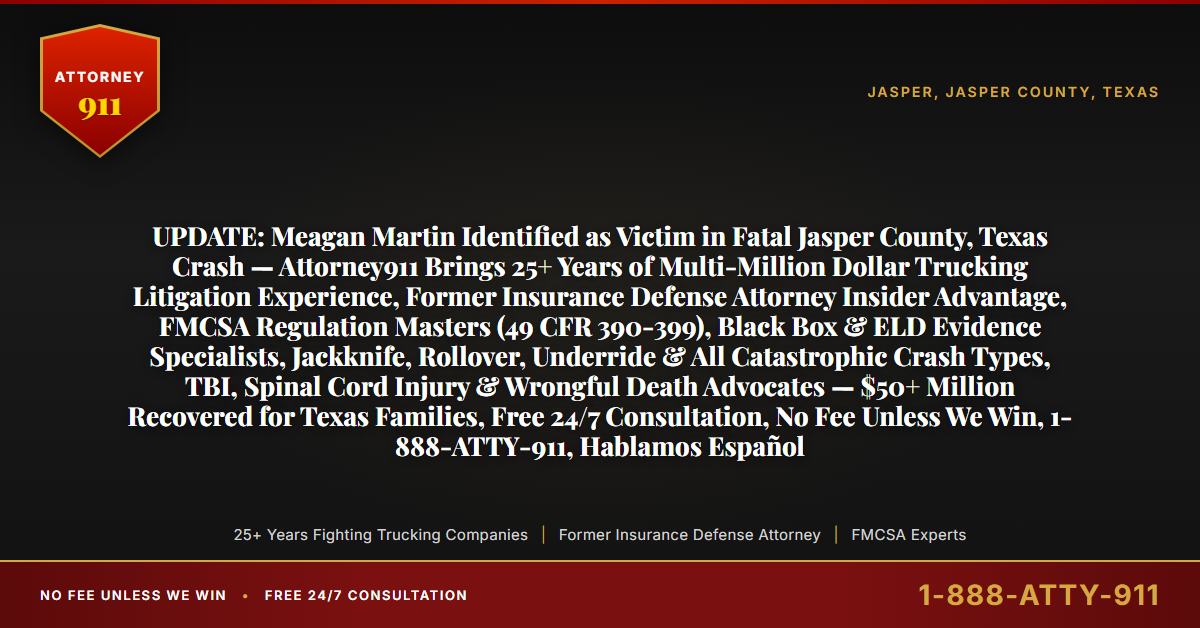 UPDATE: Meagan Martin Identified as Victim in Fatal Jasper County, Texas Crash — Attorney911 Brings 25+ Years of Multi-Million Dollar Trucking Litigation Experience, Former Insurance Defense Attorney Insider Advantage, FMCSA Regulation Masters (49 CFR 390-399), Black Box & ELD Evidence Specialists, Jackknife, Rollover, Underride & All Catastrophic Crash Types, TBI, Spinal Cord Injury & Wrongful Death Advocates — $50+ Million Recovered for Texas Families, Free 24/7 Consultation, No Fee Unless We Win, 1-888-ATTY-911, Hablamos Español - Attorney911