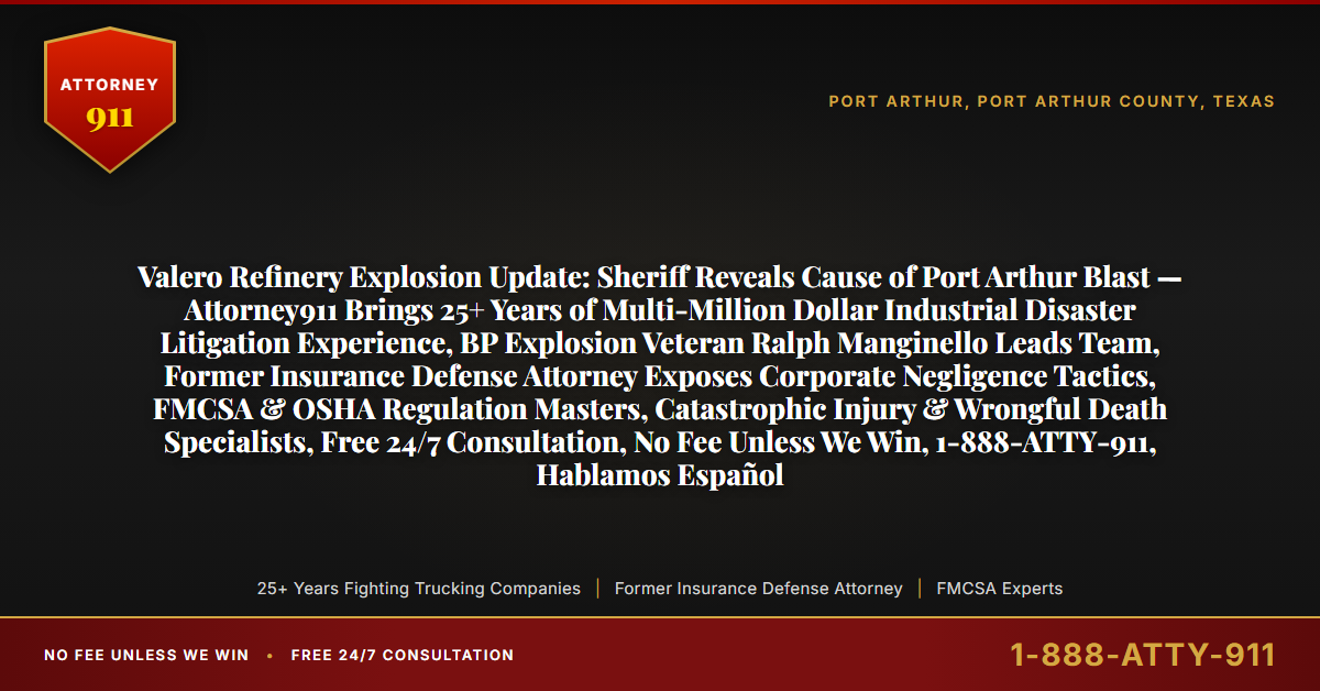 Valero Refinery Explosion Update: Sheriff Reveals Cause of Port Arthur Blast — Attorney911 Brings 25+ Years of Multi-Million Dollar Industrial Disaster Litigation Experience, BP Explosion Veteran Ralph Manginello Leads Team, Former Insurance Defense Attorney Exposes Corporate Negligence Tactics, FMCSA & OSHA Regulation Masters, Catastrophic Injury & Wrongful Death Specialists, Free 24/7 Consultation, No Fee Unless We Win, 1-888-ATTY-911, Hablamos Español - Attorney911
