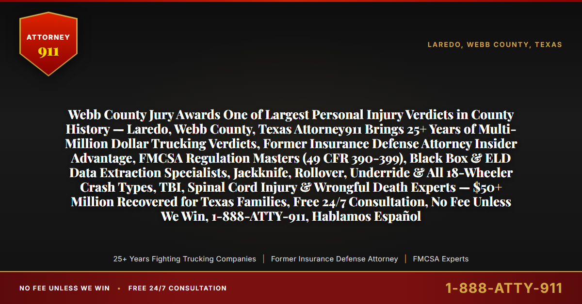 Webb County Jury Awards One of Largest Personal Injury Verdicts in County History — Laredo, Webb County, Texas Attorney911 Brings 25+ Years of Multi-Million Dollar Trucking Verdicts, Former Insurance Defense Attorney Insider Advantage, FMCSA Regulation Masters (49 CFR 390-399), Black Box & ELD Data Extraction Specialists, Jackknife, Rollover, Underride & All 18-Wheeler Crash Types, TBI, Spinal Cord Injury & Wrongful Death Experts — $50+ Million Recovered for Texas Families, Free 24/7 Consultation, No Fee Unless We Win, 1-888-ATTY-911, Hablamos Español - Attorney911