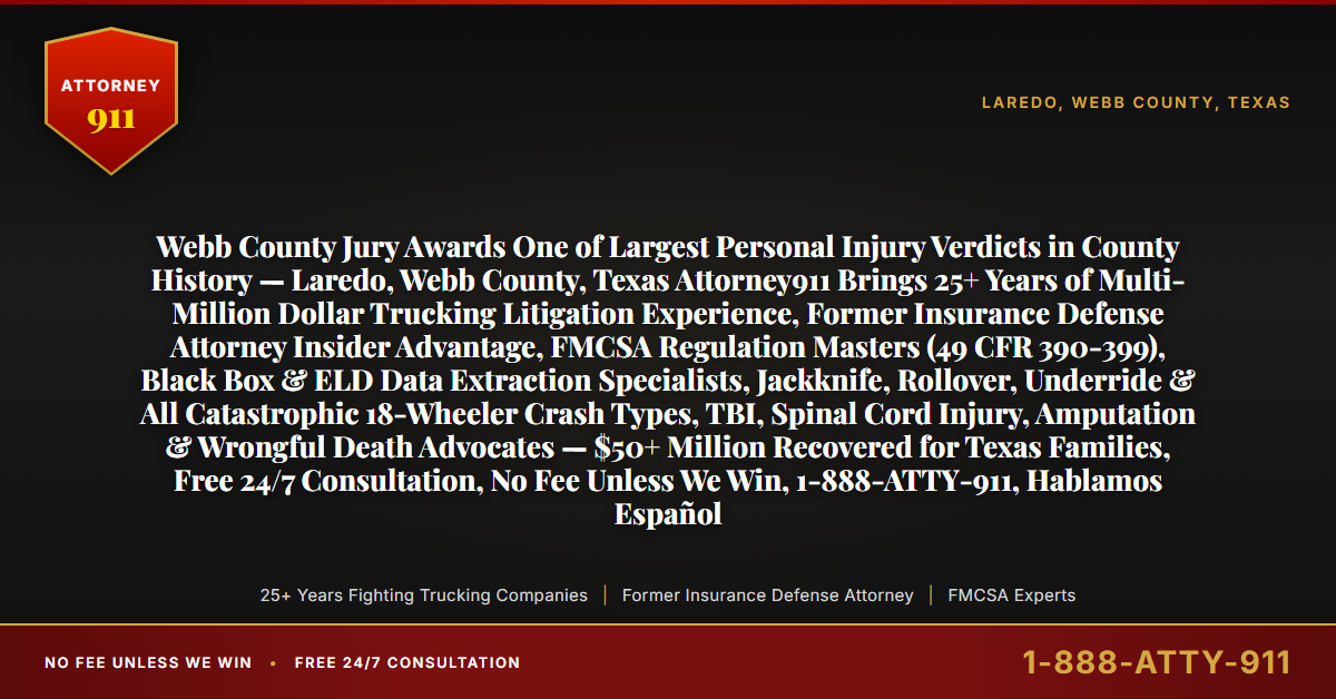 Webb County Jury Awards One of Largest Personal Injury Verdicts in County History — Laredo, Webb County, Texas Attorney911 Brings 25+ Years of Multi-Million Dollar Trucking Litigation Experience, Former Insurance Defense Attorney Insider Advantage, FMCSA Regulation Masters (49 CFR 390-399), Black Box & ELD Data Extraction Specialists, Jackknife, Rollover, Underride & All Catastrophic 18-Wheeler Crash Types, TBI, Spinal Cord Injury, Amputation & Wrongful Death Advocates — $50+ Million Recovered for Texas Families, Free 24/7 Consultation, No Fee Unless We Win, 1-888-ATTY-911, Hablamos Español - Attorney911