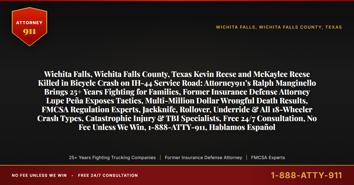 Wichita Falls, Wichita Falls County, Texas Kevin Reese and McKaylee Reese Killed in Bicycle Crash on IH-44 Service Road: Attorney911’s Ralph Manginello Brings 25+ Years Fighting for Families, Former Insurance Defense Attorney Lupe Peña Exposes Tactics, Multi-Million Dollar Wrongful Death Results, FMCSA Regulation Experts, Jackknife, Rollover, Underride & All 18-Wheeler Crash Types, Catastrophic Injury & TBI Specialists, Free 24/7 Consultation, No Fee Unless We Win, 1-888-ATTY-911, Hablamos Español - Attorney911