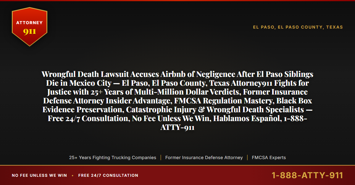 Wrongful Death Lawsuit Accuses Airbnb of Negligence After El Paso Siblings Die in Mexico City — El Paso, El Paso County, Texas Attorney911 Fights for Justice with 25+ Years of Multi-Million Dollar Verdicts, Former Insurance Defense Attorney Insider Advantage, FMCSA Regulation Mastery, Black Box Evidence Preservation, Catastrophic Injury & Wrongful Death Specialists — Free 24/7 Consultation, No Fee Unless We Win, Hablamos Español, 1-888-ATTY-911 - Attorney911
