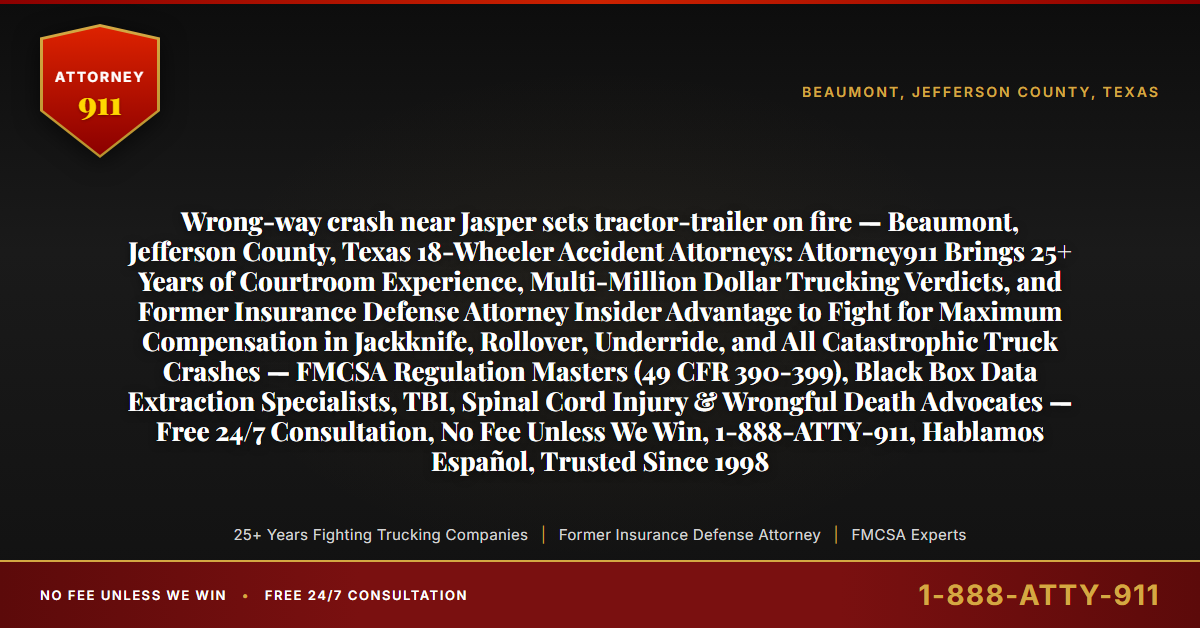 Wrong-way crash near Jasper sets tractor-trailer on fire — Beaumont, Jefferson County, Texas 18-Wheeler Accident Attorneys: Attorney911 Brings 25+ Years of Courtroom Experience, Multi-Million Dollar Trucking Verdicts, and Former Insurance Defense Attorney Insider Advantage to Fight for Maximum Compensation in Jackknife, Rollover, Underride, and All Catastrophic Truck Crashes — FMCSA Regulation Masters (49 CFR 390-399), Black Box Data Extraction Specialists, TBI, Spinal Cord Injury & Wrongful Death Advocates — Free 24/7 Consultation, No Fee Unless We Win, 1-888-ATTY-911, Hablamos Español, Trusted Since 1998 - Attorney911