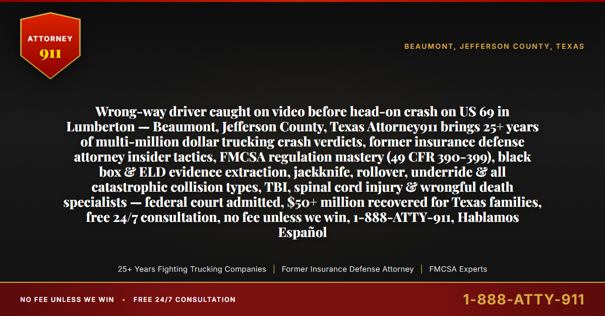 Wrong-way driver caught on video before head-on crash on US 69 in Lumberton — Beaumont, Jefferson County, Texas Attorney911 brings 25+ years of multi-million dollar trucking crash verdicts, former insurance defense attorney insider tactics, FMCSA regulation mastery (49 CFR 390-399), black box & ELD evidence extraction, jackknife, rollover, underride & all catastrophic collision types, TBI, spinal cord injury & wrongful death specialists — federal court admitted, $50+ million recovered for Texas families, free 24/7 consultation, no fee unless we win, 1-888-ATTY-911, Hablamos Español - Attorney911