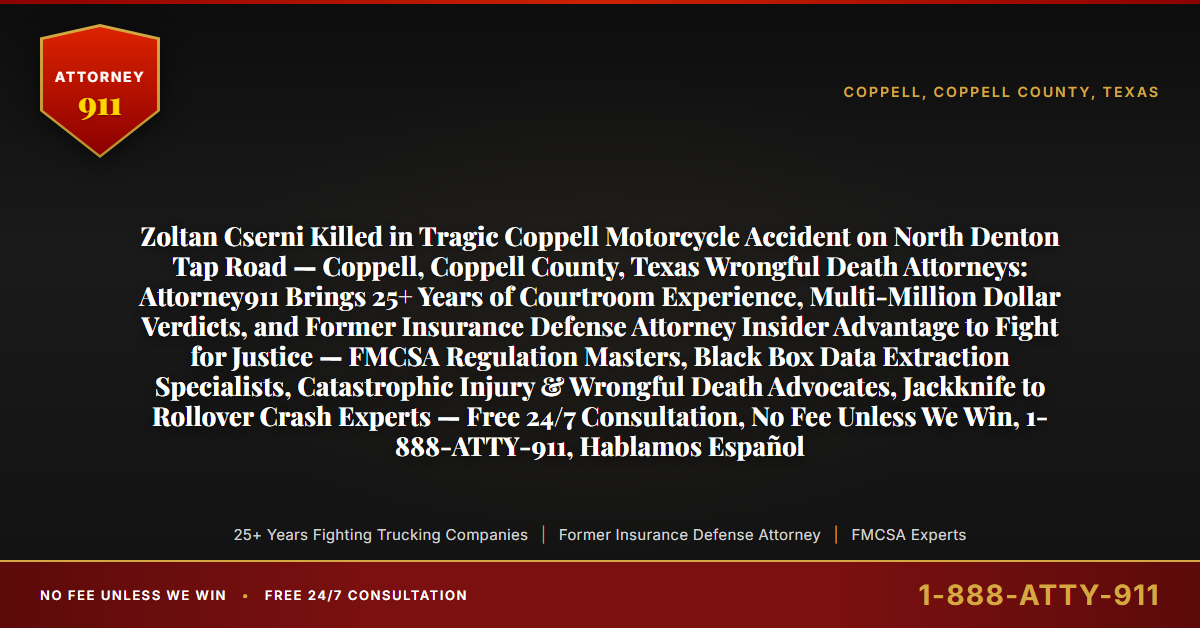 Zoltan Cserni Killed in Tragic Coppell Motorcycle Accident on North Denton Tap Road — Coppell, Coppell County, Texas Wrongful Death Attorneys: Attorney911 Brings 25+ Years of Courtroom Experience, Multi-Million Dollar Verdicts, and Former Insurance Defense Attorney Insider Advantage to Fight for Justice — FMCSA Regulation Masters, Black Box Data Extraction Specialists, Catastrophic Injury & Wrongful Death Advocates, Jackknife to Rollover Crash Experts — Free 24/7 Consultation, No Fee Unless We Win, 1-888-ATTY-911, Hablamos Español - Attorney911