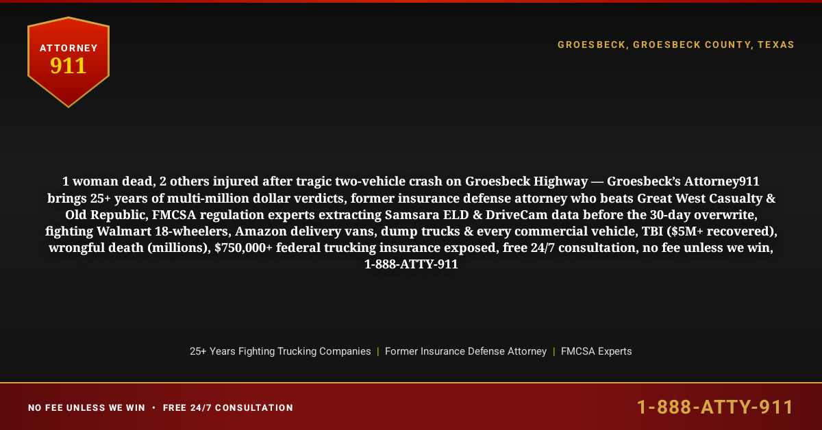 1 woman dead, 2 others injured after tragic two-vehicle crash on Groesbeck Highway — Groesbeck’s Attorney911 brings 25+ years of multi-million dollar verdicts, former insurance defense attorney who beats Great West Casualty & Old Republic, FMCSA regulation experts extracting Samsara ELD & DriveCam data before the 30-day overwrite, fighting Walmart 18-wheelers, Amazon delivery vans, dump trucks & every commercial vehicle, TBI ($5M+ recovered), wrongful death (millions), $750,000+ federal trucking insurance exposed, free 24/7 consultation, no fee unless we win, 1-888-ATTY-911 - Attorney911