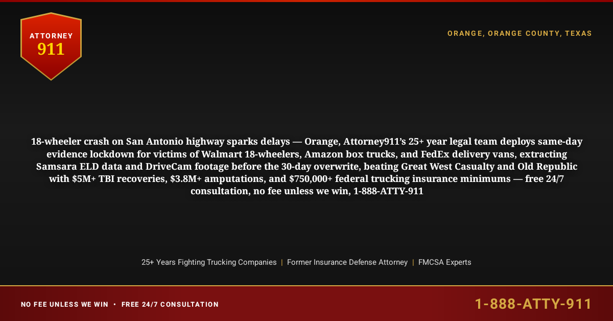 18-wheeler crash on San Antonio highway sparks delays — Orange, Attorney911’s 25+ year legal team deploys same-day evidence lockdown for victims of Walmart 18-wheelers, Amazon box trucks, and FedEx delivery vans, extracting Samsara ELD data and DriveCam footage before the 30-day overwrite, beating Great West Casualty and Old Republic with $5M+ TBI recoveries, $3.8M+ amputations, and $750,000+ federal trucking insurance minimums — free 24/7 consultation, no fee unless we win, 1-888-ATTY-911 - Attorney911