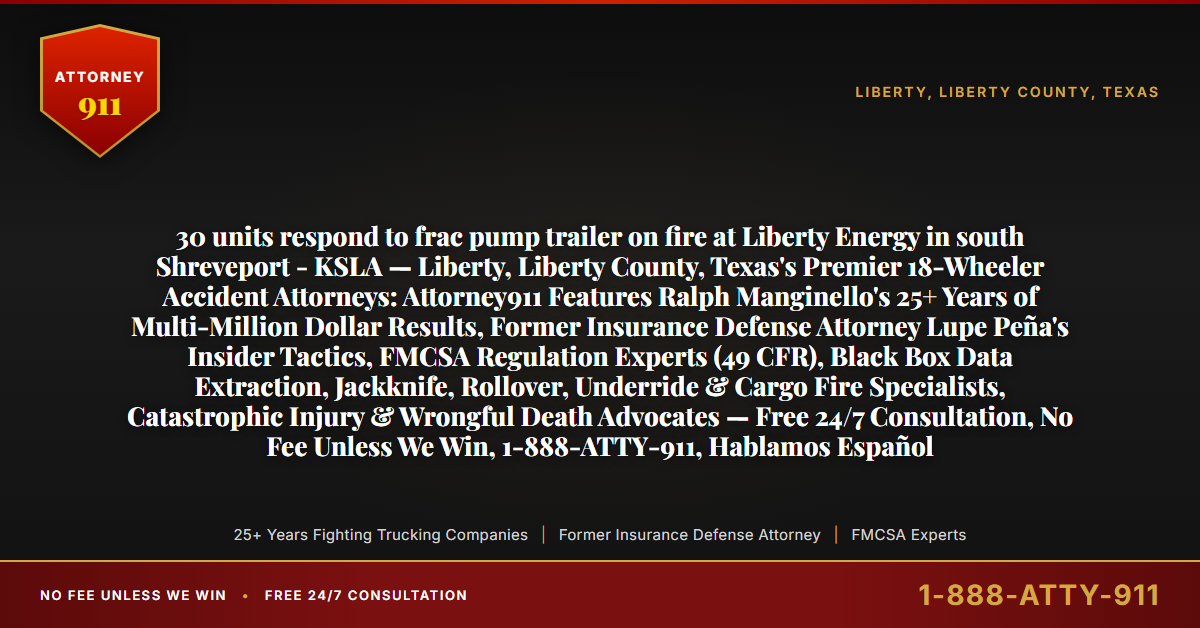30 units respond to frac pump trailer on fire at Liberty Energy in south Shreveport - KSLA — Liberty, Liberty County, Texas's Premier 18-Wheeler Accident Attorneys: Attorney911 Features Ralph Manginello's 25+ Years of Multi-Million Dollar Results, Former Insurance Defense Attorney Lupe Peña's Insider Tactics, FMCSA Regulation Experts (49 CFR), Black Box Data Extraction, Jackknife, Rollover, Underride & Cargo Fire Specialists, Catastrophic Injury & Wrongful Death Advocates — Free 24/7 Consultation, No Fee Unless We Win, 1-888-ATTY-911, Hablamos Español - Attorney911