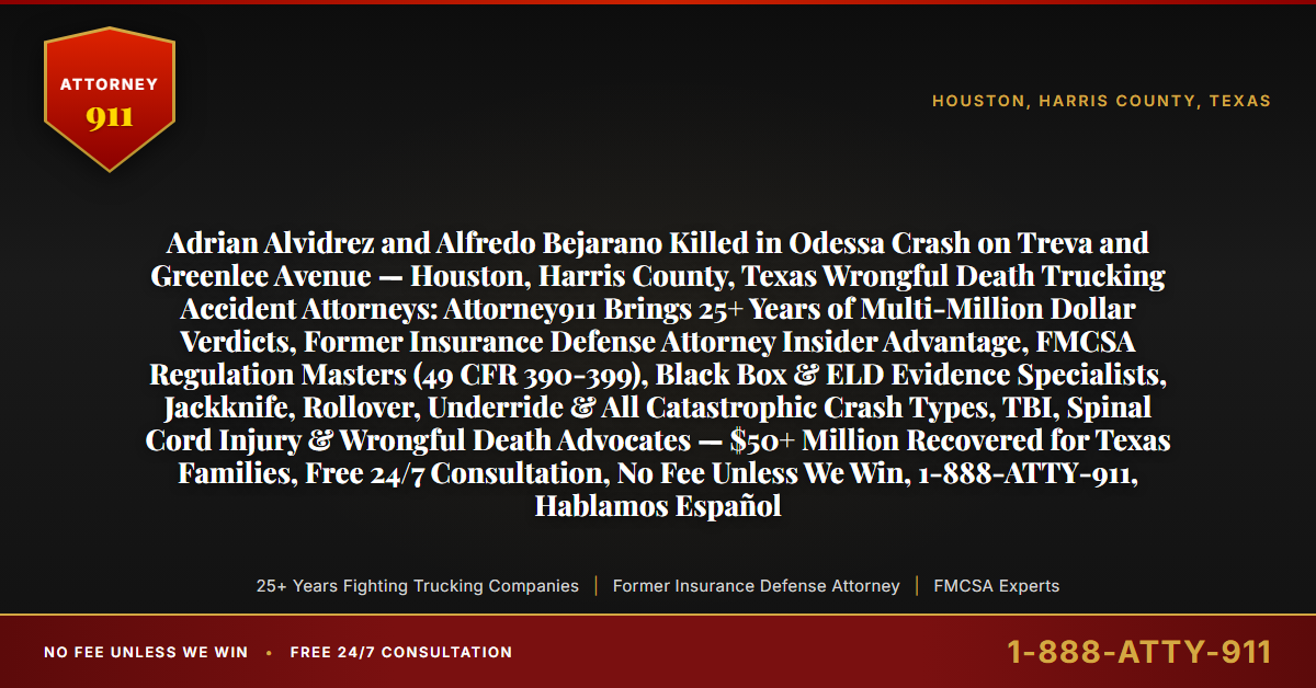 Adrian Alvidrez and Alfredo Bejarano Killed in Odessa Crash on Treva and Greenlee Avenue — Houston, Harris County, Texas Wrongful Death Trucking Accident Attorneys: Attorney911 Brings 25+ Years of Multi-Million Dollar Verdicts, Former Insurance Defense Attorney Insider Advantage, FMCSA Regulation Masters (49 CFR 390-399), Black Box & ELD Evidence Specialists, Jackknife, Rollover, Underride & All Catastrophic Crash Types, TBI, Spinal Cord Injury & Wrongful Death Advocates — $50+ Million Recovered for Texas Families, Free 24/7 Consultation, No Fee Unless We Win, 1-888-ATTY-911, Hablamos Español - Attorney911
