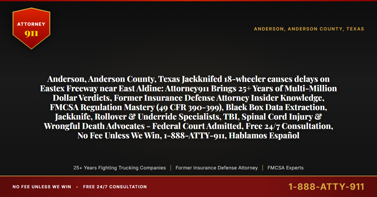 Anderson, Anderson County, Texas Jackknifed 18-wheeler causes delays on Eastex Freeway near East Aldine: Attorney911 Brings 25+ Years of Multi-Million Dollar Verdicts, Former Insurance Defense Attorney Insider Knowledge, FMCSA Regulation Mastery (49 CFR 390-399), Black Box Data Extraction, Jackknife, Rollover & Underride Specialists, TBI, Spinal Cord Injury & Wrongful Death Advocates - Federal Court Admitted, Free 24/7 Consultation, No Fee Unless We Win, 1-888-ATTY-911, Hablamos Español - Attorney911
