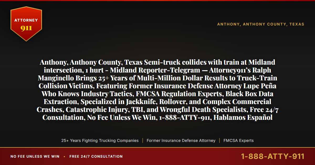 Anthony, Anthony County, Texas Semi-truck collides with train at Midland intersection, 1 hurt - Midland Reporter-Telegram — Attorney911’s Ralph Manginello Brings 25+ Years of Multi-Million Dollar Results to Truck-Train Collision Victims, Featuring Former Insurance Defense Attorney Lupe Peña Who Knows Industry Tactics, FMCSA Regulation Experts, Black Box Data Extraction, Specialized in Jackknife, Rollover, and Complex Commercial Crashes, Catastrophic Injury, TBI, and Wrongful Death Specialists, Free 24/7 Consultation, No Fee Unless We Win, 1-888-ATTY-911, Hablamos Español - Attorney911