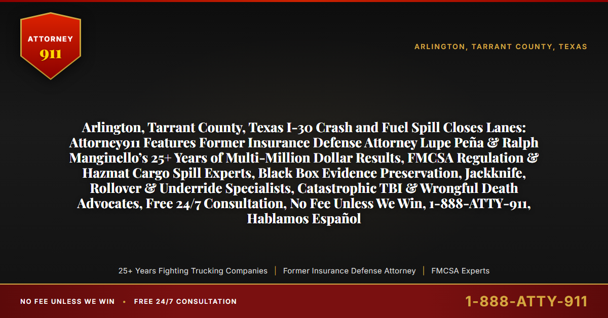 Arlington, Tarrant County, Texas I-30 Crash and Fuel Spill Closes Lanes: Attorney911 Features Former Insurance Defense Attorney Lupe Peña & Ralph Manginello’s 25+ Years of Multi-Million Dollar Results, FMCSA Regulation & Hazmat Cargo Spill Experts, Black Box Evidence Preservation, Jackknife, Rollover & Underride Specialists, Catastrophic TBI & Wrongful Death Advocates, Free 24/7 Consultation, No Fee Unless We Win, 1-888-ATTY-911, Hablamos Español - Attorney911