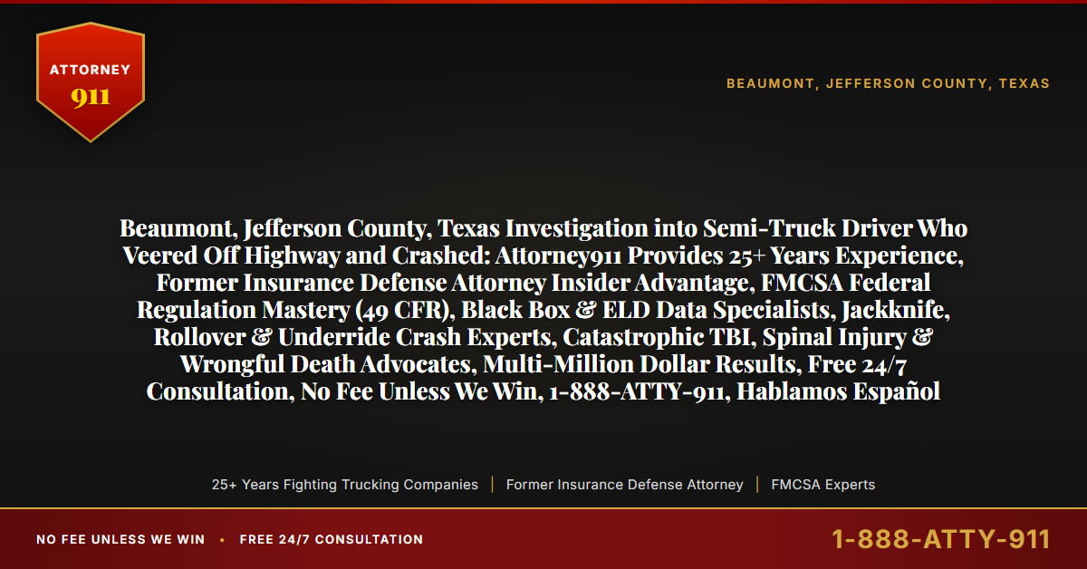 Beaumont, Jefferson County, Texas Investigation into Semi-Truck Driver Who Veered Off Highway and Crashed: Attorney911 Provides 25+ Years Experience, Former Insurance Defense Attorney Insider Advantage, FMCSA Federal Regulation Mastery (49 CFR), Black Box & ELD Data Specialists, Jackknife, Rollover & Underride Crash Experts, Catastrophic TBI, Spinal Injury & Wrongful Death Advocates, Multi-Million Dollar Results, Free 24/7 Consultation, No Fee Unless We Win, 1-888-ATTY-911, Hablamos Español - Attorney911