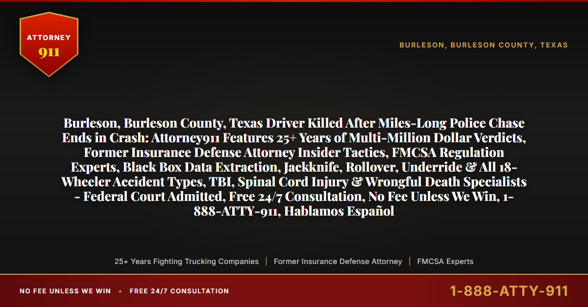 Burleson, Burleson County, Texas Driver Killed After Miles-Long Police Chase Ends in Crash: Attorney911 Features 25+ Years of Multi-Million Dollar Verdicts, Former Insurance Defense Attorney Insider Tactics, FMCSA Regulation Experts, Black Box Data Extraction, Jackknife, Rollover, Underride & All 18-Wheeler Accident Types, TBI, Spinal Cord Injury & Wrongful Death Specialists - Federal Court Admitted, Free 24/7 Consultation, No Fee Unless We Win, 1-888-ATTY-911, Hablamos Español - Attorney911