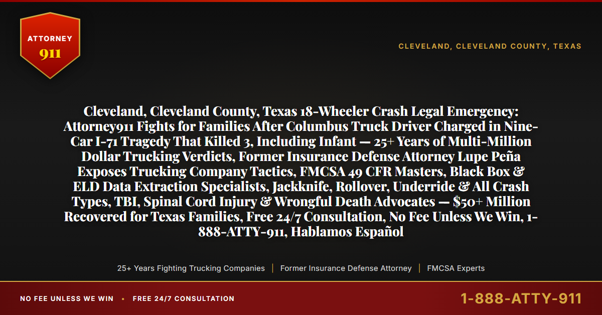 Cleveland, Cleveland County, Texas 18-Wheeler Crash Legal Emergency: Attorney911 Fights for Families After Columbus Truck Driver Charged in Nine-Car I-71 Tragedy That Killed 3, Including Infant — 25+ Years of Multi-Million Dollar Trucking Verdicts, Former Insurance Defense Attorney Lupe Peña Exposes Trucking Company Tactics, FMCSA 49 CFR Masters, Black Box & ELD Data Extraction Specialists, Jackknife, Rollover, Underride & All Crash Types, TBI, Spinal Cord Injury & Wrongful Death Advocates — $50+ Million Recovered for Texas Families, Free 24/7 Consultation, No Fee Unless We Win, 1-888-ATTY-911, Hablamos Español - Attorney911