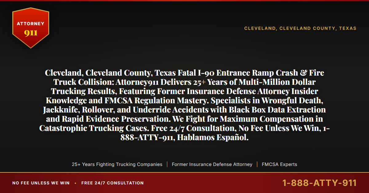 Cleveland, Cleveland County, Texas Fatal I-90 Entrance Ramp Crash & Fire Truck Collision: Attorney911 Delivers 25+ Years of Multi-Million Dollar Trucking Results, Featuring Former Insurance Defense Attorney Insider Knowledge and FMCSA Regulation Mastery. Specialists in Wrongful Death, Jackknife, Rollover, and Underride Accidents with Black Box Data Extraction and Rapid Evidence Preservation. We Fight for Maximum Compensation in Catastrophic Trucking Cases. Free 24/7 Consultation, No Fee Unless We Win, 1-888-ATTY-911, Hablamos Español. - Attorney911