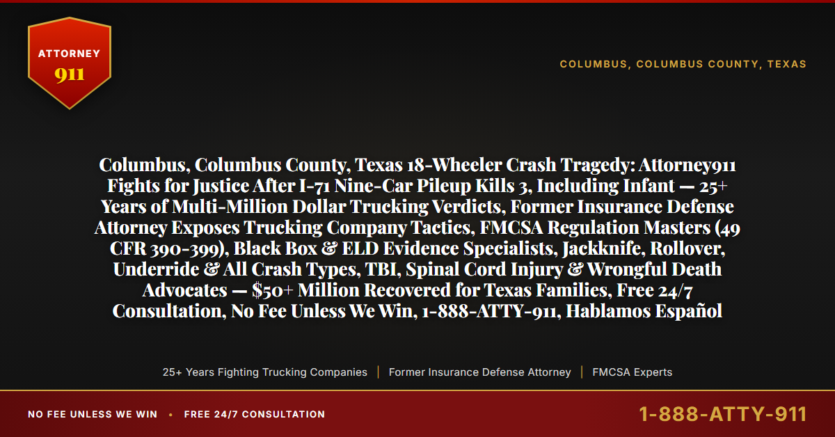 Columbus, Columbus County, Texas 18-Wheeler Crash Tragedy: Attorney911 Fights for Justice After I-71 Nine-Car Pileup Kills 3, Including Infant — 25+ Years of Multi-Million Dollar Trucking Verdicts, Former Insurance Defense Attorney Exposes Trucking Company Tactics, FMCSA Regulation Masters (49 CFR 390-399), Black Box & ELD Evidence Specialists, Jackknife, Rollover, Underride & All Crash Types, TBI, Spinal Cord Injury & Wrongful Death Advocates — $50+ Million Recovered for Texas Families, Free 24/7 Consultation, No Fee Unless We Win, 1-888-ATTY-911, Hablamos Español - Attorney911