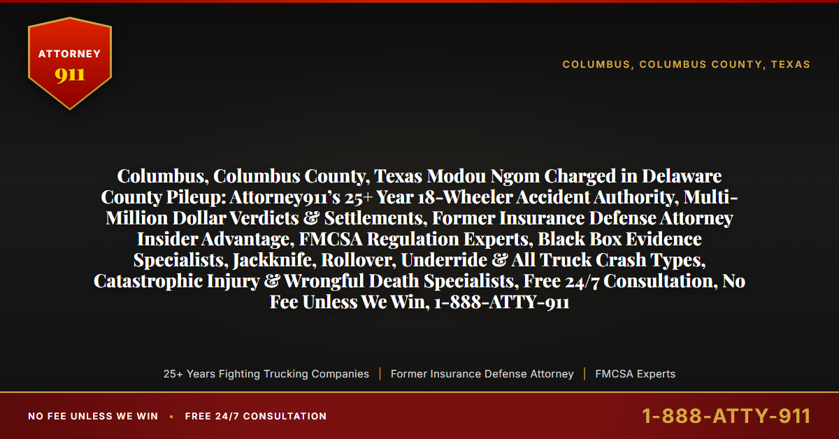 Columbus, Columbus County, Texas Modou Ngom Charged in Delaware County Pileup: Attorney911’s 25+ Year 18-Wheeler Accident Authority, Multi-Million Dollar Verdicts & Settlements, Former Insurance Defense Attorney Insider Advantage, FMCSA Regulation Experts, Black Box Evidence Specialists, Jackknife, Rollover, Underride & All Truck Crash Types, Catastrophic Injury & Wrongful Death Specialists, Free 24/7 Consultation, No Fee Unless We Win, 1-888-ATTY-911 - Attorney911
