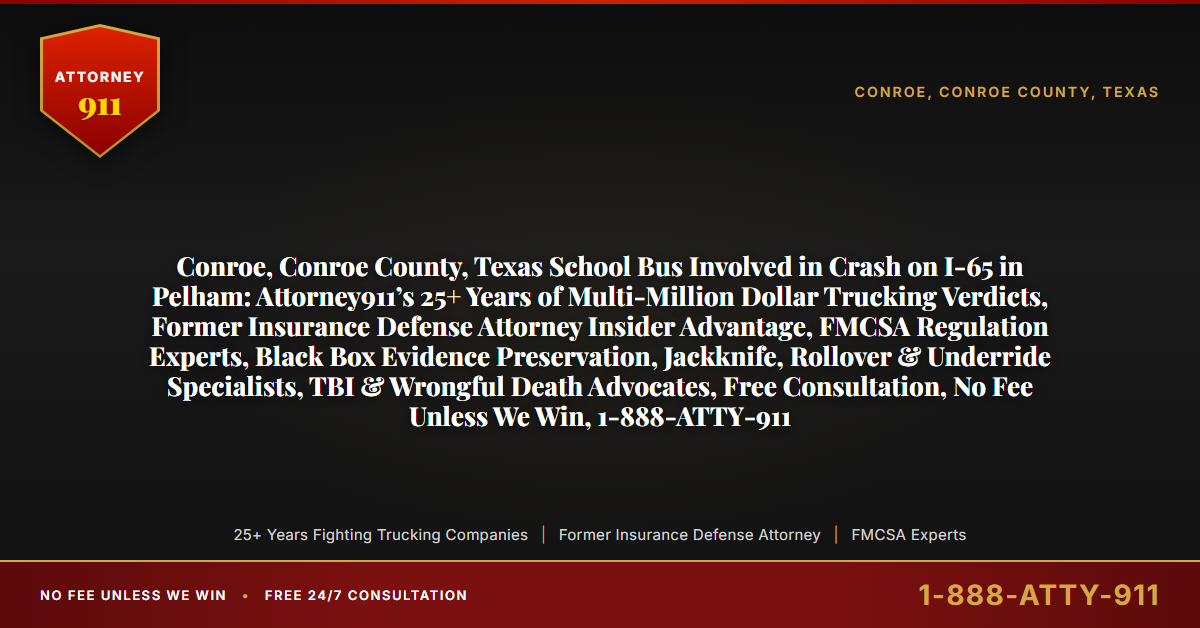 Conroe, Conroe County, Texas School Bus Involved in Crash on I-65 in Pelham: Attorney911’s 25+ Years of Multi-Million Dollar Trucking Verdicts, Former Insurance Defense Attorney Insider Advantage, FMCSA Regulation Experts, Black Box Evidence Preservation, Jackknife, Rollover & Underride Specialists, TBI & Wrongful Death Advocates, Free Consultation, No Fee Unless We Win, 1-888-ATTY-911 - Attorney911
