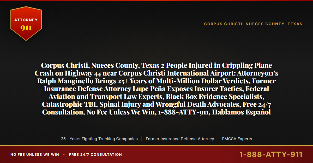 Corpus Christi, Nueces County, Texas 2 People Injured in Crippling Plane Crash on Highway 44 near Corpus Christi International Airport: Attorney911’s Ralph Manginello Brings 25+ Years of Multi-Million Dollar Verdicts, Former Insurance Defense Attorney Lupe Peña Exposes Insurer Tactics, Federal Aviation and Transport Law Experts, Black Box Evidence Specialists, Catastrophic TBI, Spinal Injury and Wrongful Death Advocates, Free 24/7 Consultation, No Fee Unless We Win, 1-888-ATTY-911, Hablamos Español - Attorney911