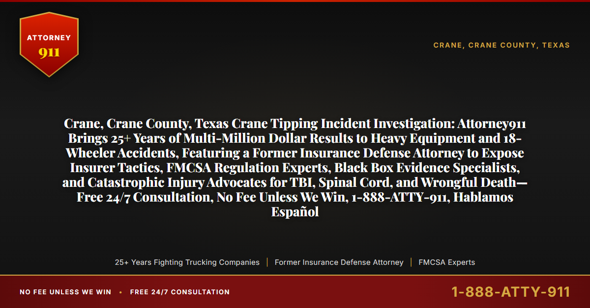 Crane, Crane County, Texas Crane Tipping Incident Investigation: Attorney911 Brings 25+ Years of Multi-Million Dollar Results to Heavy Equipment and 18-Wheeler Accidents, Featuring a Former Insurance Defense Attorney to Expose Insurer Tactics, FMCSA Regulation Experts, Black Box Evidence Specialists, and Catastrophic Injury Advocates for TBI, Spinal Cord, and Wrongful Death—Free 24/7 Consultation, No Fee Unless We Win, 1-888-ATTY-911, Hablamos Español - Attorney911
