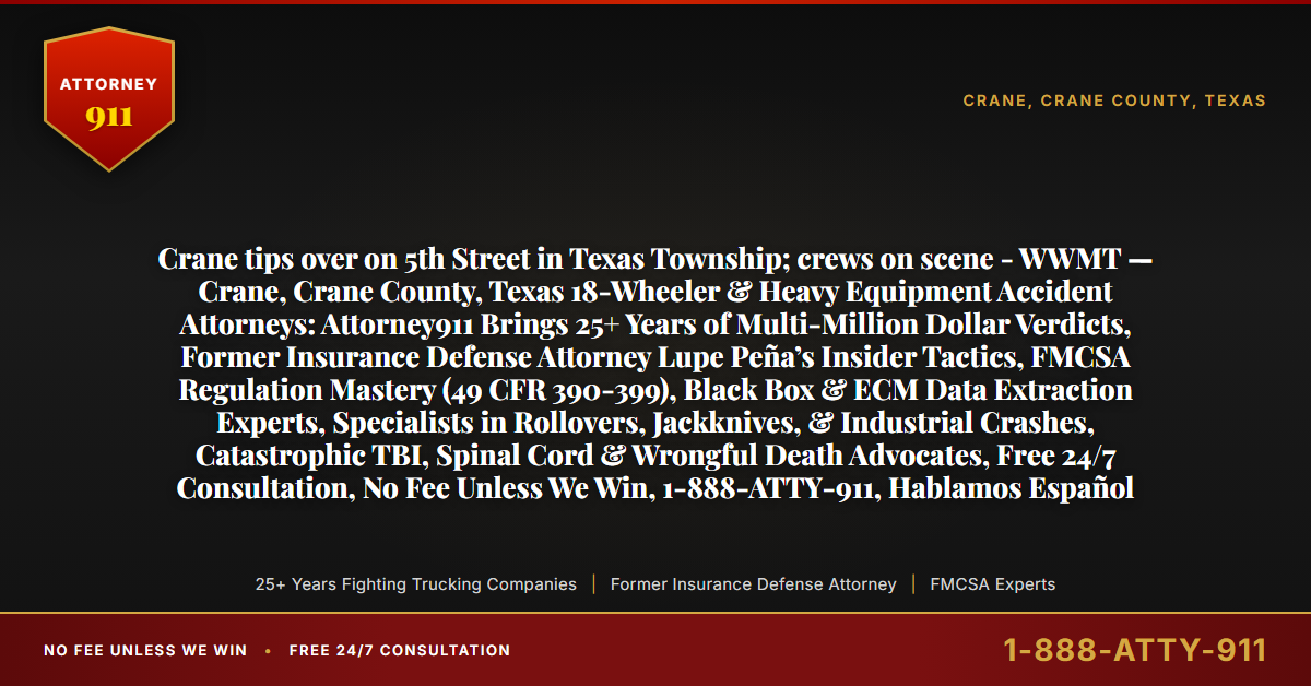 Crane tips over on 5th Street in Texas Township; crews on scene - WWMT — Crane, Crane County, Texas 18-Wheeler & Heavy Equipment Accident Attorneys: Attorney911 Brings 25+ Years of Multi-Million Dollar Verdicts, Former Insurance Defense Attorney Lupe Peña’s Insider Tactics, FMCSA Regulation Mastery (49 CFR 390-399), Black Box & ECM Data Extraction Experts, Specialists in Rollovers, Jackknives, & Industrial Crashes, Catastrophic TBI, Spinal Cord & Wrongful Death Advocates, Free 24/7 Consultation, No Fee Unless We Win, 1-888-ATTY-911, Hablamos Español - Attorney911