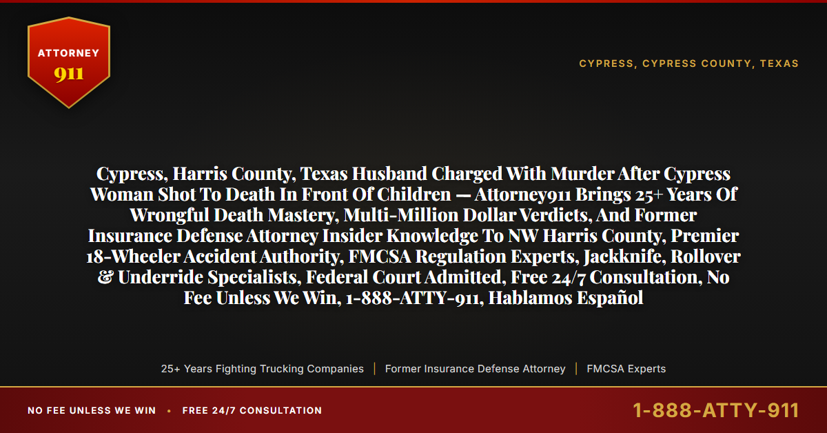 Cypress, Harris County, Texas Husband Charged With Murder After Cypress Woman Shot To Death In Front Of Children — Attorney911 Brings 25+ Years Of Wrongful Death Mastery, Multi-Million Dollar Verdicts, And Former Insurance Defense Attorney Insider Knowledge To NW Harris County, Premier 18-Wheeler Accident Authority, FMCSA Regulation Experts, Jackknife, Rollover & Underride Specialists, Federal Court Admitted, Free 24/7 Consultation, No Fee Unless We Win, 1-888-ATTY-911, Hablamos Español - Attorney911
