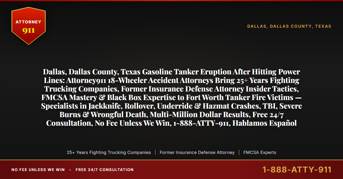 Dallas, Dallas County, Texas Gasoline Tanker Eruption After Hitting Power Lines: Attorney911 18-Wheeler Accident Attorneys Bring 25+ Years Fighting Trucking Companies, Former Insurance Defense Attorney Insider Tactics, FMCSA Mastery & Black Box Expertise to Fort Worth Tanker Fire Victims — Specialists in Jackknife, Rollover, Underride & Hazmat Crashes, TBI, Severe Burns & Wrongful Death, Multi-Million Dollar Results, Free 24/7 Consultation, No Fee Unless We Win, 1-888-ATTY-911, Hablamos Español - Attorney911