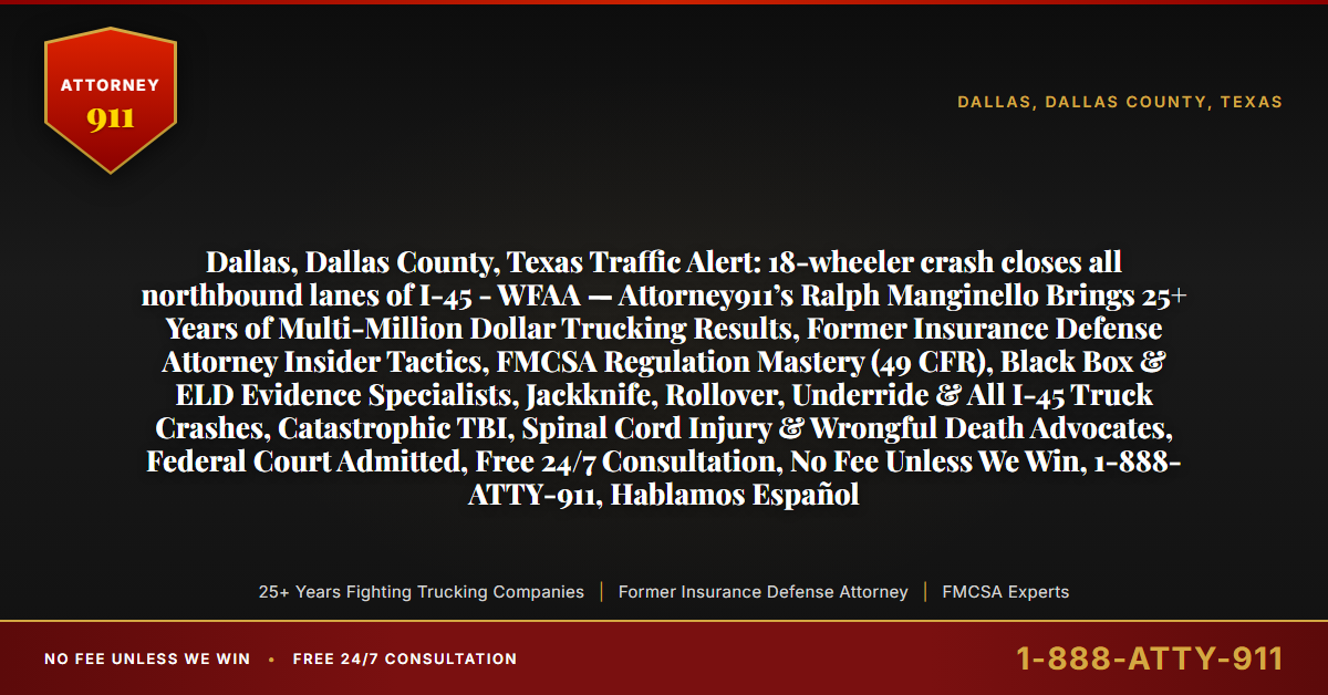 Dallas, Dallas County, Texas Traffic Alert: 18-wheeler crash closes all northbound lanes of I-45 - WFAA — Attorney911’s Ralph Manginello Brings 25+ Years of Multi-Million Dollar Trucking Results, Former Insurance Defense Attorney Insider Tactics, FMCSA Regulation Mastery (49 CFR), Black Box & ELD Evidence Specialists, Jackknife, Rollover, Underride & All I-45 Truck Crashes, Catastrophic TBI, Spinal Cord Injury & Wrongful Death Advocates, Federal Court Admitted, Free 24/7 Consultation, No Fee Unless We Win, 1-888-ATTY-911, Hablamos Español - Attorney911