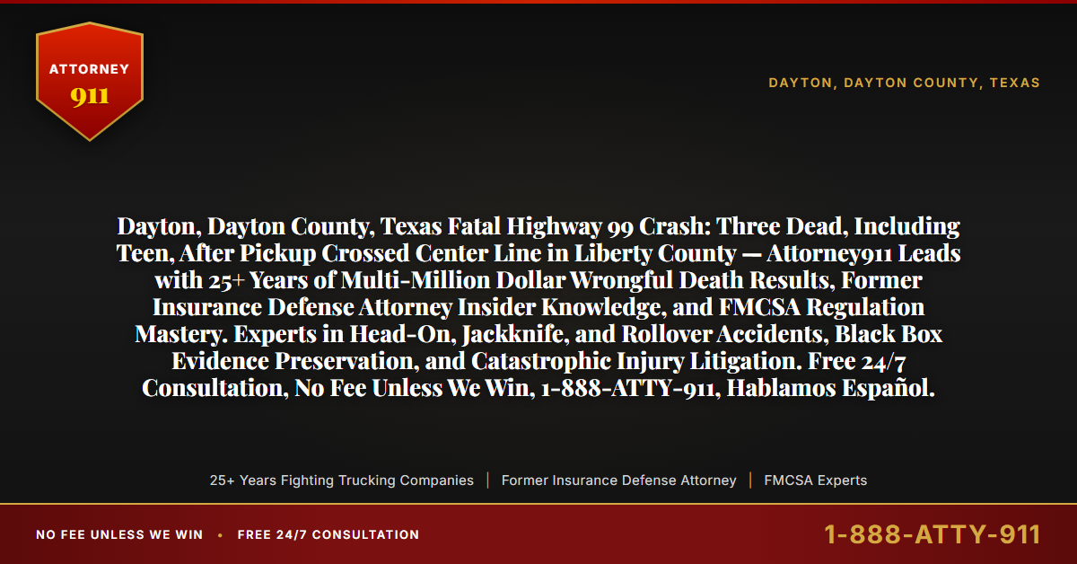 Dayton, Dayton County, Texas Fatal Highway 99 Crash: Three Dead, Including Teen, After Pickup Crossed Center Line in Liberty County — Attorney911 Leads with 25+ Years of Multi-Million Dollar Wrongful Death Results, Former Insurance Defense Attorney Insider Knowledge, and FMCSA Regulation Mastery. Experts in Head-On, Jackknife, and Rollover Accidents, Black Box Evidence Preservation, and Catastrophic Injury Litigation. Free 24/7 Consultation, No Fee Unless We Win, 1-888-ATTY-911, Hablamos Español. - Attorney911