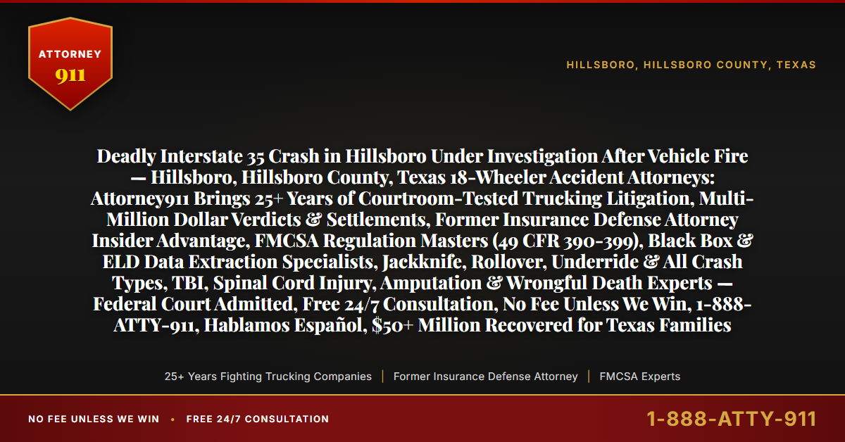 Deadly Interstate 35 Crash in Hillsboro Under Investigation After Vehicle Fire — Hillsboro, Hillsboro County, Texas 18-Wheeler Accident Attorneys: Attorney911 Brings 25+ Years of Courtroom-Tested Trucking Litigation, Multi-Million Dollar Verdicts & Settlements, Former Insurance Defense Attorney Insider Advantage, FMCSA Regulation Masters (49 CFR 390-399), Black Box & ELD Data Extraction Specialists, Jackknife, Rollover, Underride & All Crash Types, TBI, Spinal Cord Injury, Amputation & Wrongful Death Experts — Federal Court Admitted, Free 24/7 Consultation, No Fee Unless We Win, 1-888-ATTY-911, Hablamos Español, $50+ Million Recovered for Texas Families - Attorney911