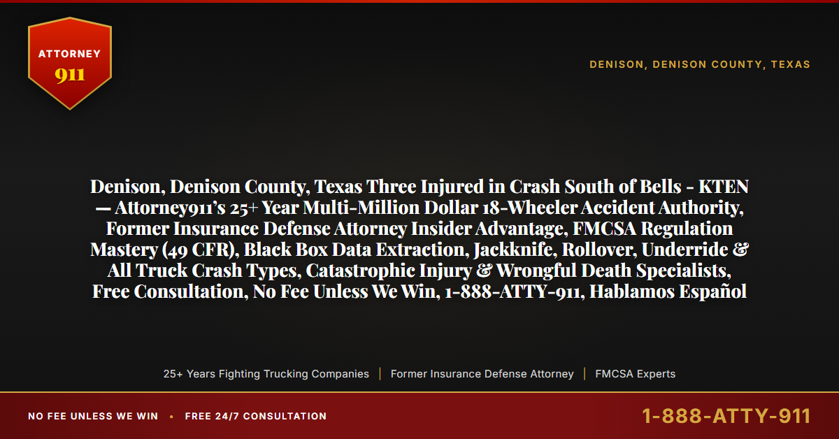 Denison, Denison County, Texas Three Injured in Crash South of Bells - KTEN — Attorney911’s 25+ Year Multi-Million Dollar 18-Wheeler Accident Authority, Former Insurance Defense Attorney Insider Advantage, FMCSA Regulation Mastery (49 CFR), Black Box Data Extraction, Jackknife, Rollover, Underride & All Truck Crash Types, Catastrophic Injury & Wrongful Death Specialists, Free Consultation, No Fee Unless We Win, 1-888-ATTY-911, Hablamos Español - Attorney911