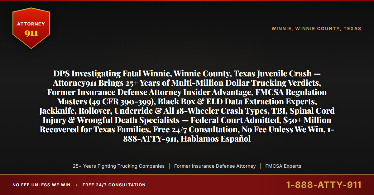 DPS Investigating Fatal Winnie, Winnie County, Texas Juvenile Crash — Attorney911 Brings 25+ Years of Multi-Million Dollar Trucking Verdicts, Former Insurance Defense Attorney Insider Advantage, FMCSA Regulation Masters (49 CFR 390-399), Black Box & ELD Data Extraction Experts, Jackknife, Rollover, Underride & All 18-Wheeler Crash Types, TBI, Spinal Cord Injury & Wrongful Death Specialists — Federal Court Admitted, $50+ Million Recovered for Texas Families, Free 24/7 Consultation, No Fee Unless We Win, 1-888-ATTY-911, Hablamos Español - Attorney911