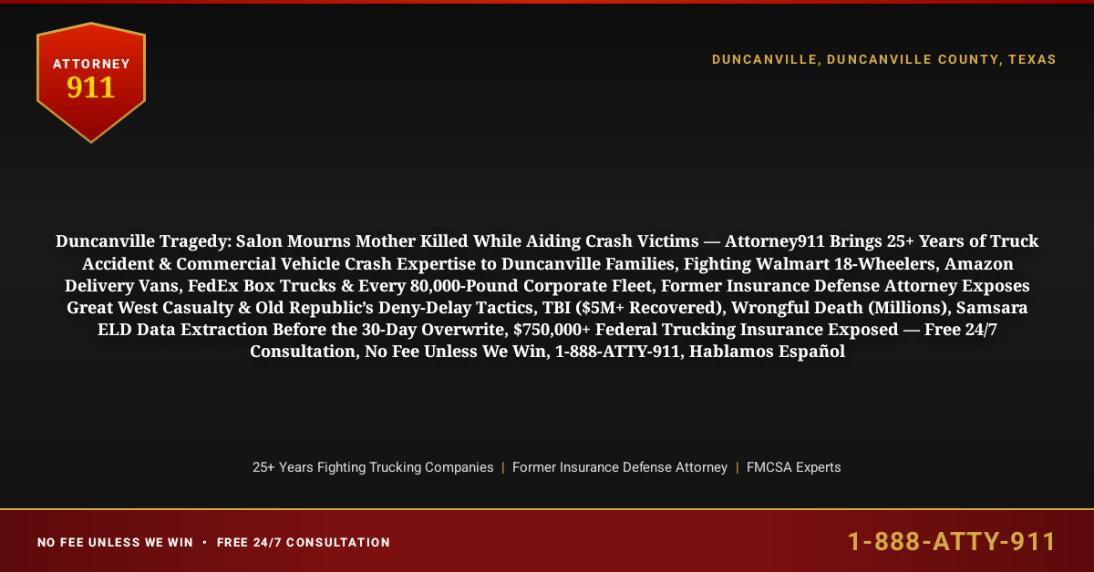 Duncanville Tragedy: Salon Mourns Mother Killed While Aiding Crash Victims — Attorney911 Brings 25+ Years of Truck Accident & Commercial Vehicle Crash Expertise to Duncanville Families, Fighting Walmart 18-Wheelers, Amazon Delivery Vans, FedEx Box Trucks & Every 80,000-Pound Corporate Fleet, Former Insurance Defense Attorney Exposes Great West Casualty & Old Republic’s Deny-Delay Tactics, TBI ($5M+ Recovered), Wrongful Death (Millions), Samsara ELD Data Extraction Before the 30-Day Overwrite, $750,000+ Federal Trucking Insurance Exposed — Free 24/7 Consultation, No Fee Unless We Win, 1-888-ATTY-911, Hablamos Español - Attorney911