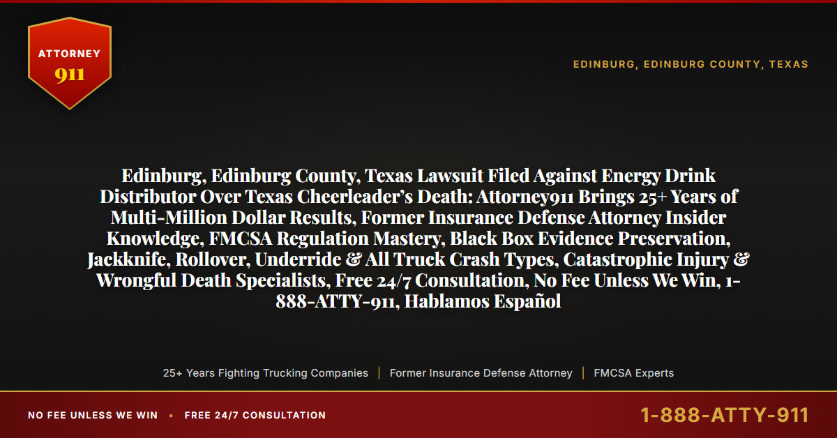 Edinburg, Edinburg County, Texas Lawsuit Filed Against Energy Drink Distributor Over Texas Cheerleader’s Death: Attorney911 Brings 25+ Years of Multi-Million Dollar Results, Former Insurance Defense Attorney Insider Knowledge, FMCSA Regulation Mastery, Black Box Evidence Preservation, Jackknife, Rollover, Underride & All Truck Crash Types, Catastrophic Injury & Wrongful Death Specialists, Free 24/7 Consultation, No Fee Unless We Win, 1-888-ATTY-911, Hablamos Español - Attorney911