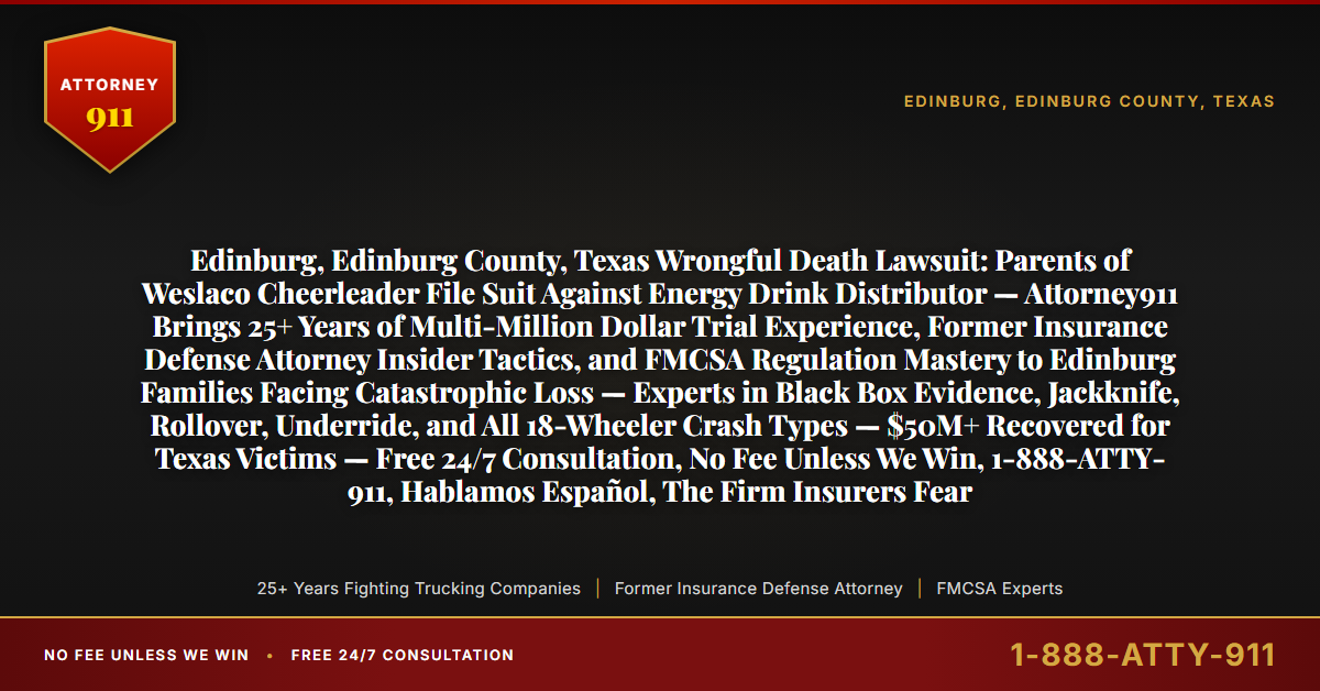 Edinburg, Edinburg County, Texas Wrongful Death Lawsuit: Parents of Weslaco Cheerleader File Suit Against Energy Drink Distributor — Attorney911 Brings 25+ Years of Multi-Million Dollar Trial Experience, Former Insurance Defense Attorney Insider Tactics, and FMCSA Regulation Mastery to Edinburg Families Facing Catastrophic Loss — Experts in Black Box Evidence, Jackknife, Rollover, Underride, and All 18-Wheeler Crash Types — $50M+ Recovered for Texas Victims — Free 24/7 Consultation, No Fee Unless We Win, 1-888-ATTY-911, Hablamos Español, The Firm Insurers Fear - Attorney911