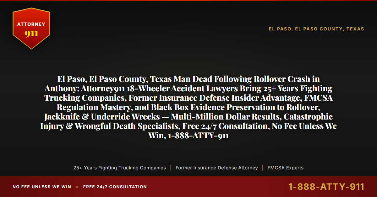 El Paso, El Paso County, Texas Man Dead Following Rollover Crash in Anthony: Attorney911 18-Wheeler Accident Lawyers Bring 25+ Years Fighting Trucking Companies, Former Insurance Defense Insider Advantage, FMCSA Regulation Mastery, and Black Box Evidence Preservation to Rollover, Jackknife & Underride Wrecks — Multi-Million Dollar Results, Catastrophic Injury & Wrongful Death Specialists, Free 24/7 Consultation, No Fee Unless We Win, 1-888-ATTY-911 - Attorney911