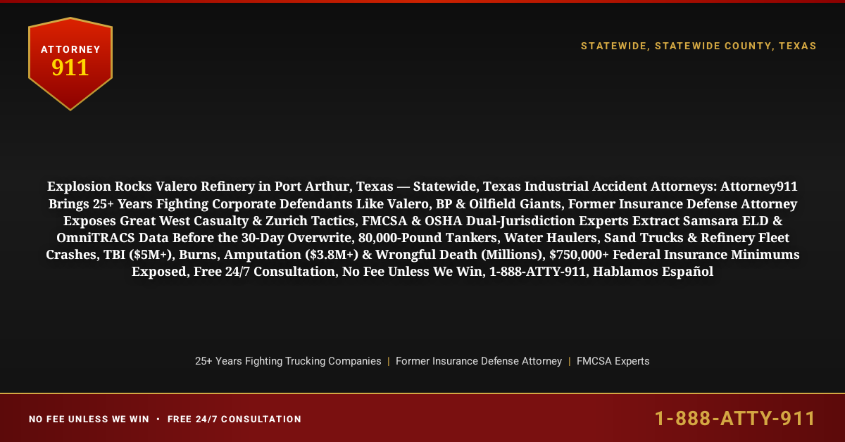 Explosion Rocks Valero Refinery in Port Arthur, Texas — Statewide, Texas Industrial Accident Attorneys: Attorney911 Brings 25+ Years Fighting Corporate Defendants Like Valero, BP & Oilfield Giants, Former Insurance Defense Attorney Exposes Great West Casualty & Zurich Tactics, FMCSA & OSHA Dual-Jurisdiction Experts Extract Samsara ELD & OmniTRACS Data Before the 30-Day Overwrite, 80,000-Pound Tankers, Water Haulers, Sand Trucks & Refinery Fleet Crashes, TBI ($5M+), Burns, Amputation ($3.8M+) & Wrongful Death (Millions), $750,000+ Federal Insurance Minimums Exposed, Free 24/7 Consultation, No Fee Unless We Win, 1-888-ATTY-911, Hablamos Español - Attorney911