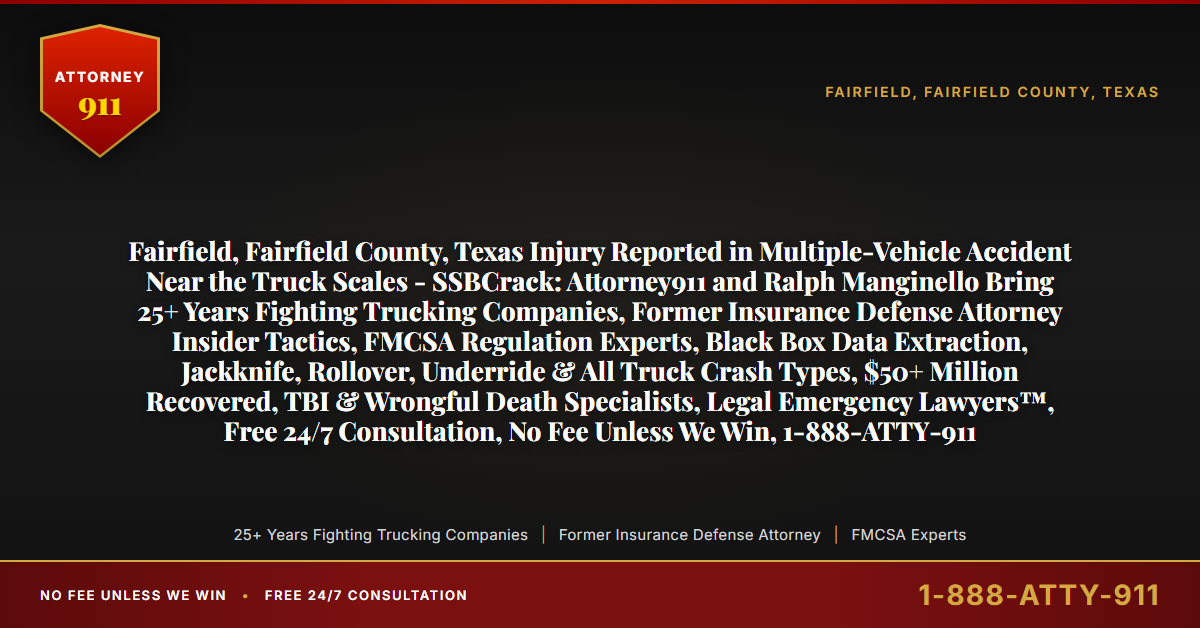 Fairfield, Fairfield County, Texas Injury Reported in Multiple-Vehicle Accident Near the Truck Scales - SSBCrack: Attorney911 and Ralph Manginello Bring 25+ Years Fighting Trucking Companies, Former Insurance Defense Attorney Insider Tactics, FMCSA Regulation Experts, Black Box Data Extraction, Jackknife, Rollover, Underride & All Truck Crash Types, $50+ Million Recovered, TBI & Wrongful Death Specialists, Legal Emergency Lawyers™, Free 24/7 Consultation, No Fee Unless We Win, 1-888-ATTY-911 - Attorney911