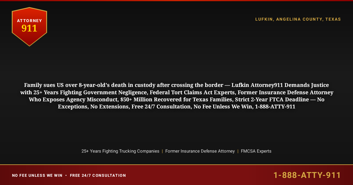 Family sues US over 8-year-old's death in custody after crossing the border — Lufkin Attorney911 Demands Justice with 25+ Years Fighting Government Negligence, Federal Tort Claims Act Experts, Former Insurance Defense Attorney Who Exposes Agency Misconduct, $50+ Million Recovered for Texas Families, Strict 2-Year FTCA Deadline — No Exceptions, No Extensions, Free 24/7 Consultation, No Fee Unless We Win, 1-888-ATTY-911 - Attorney911