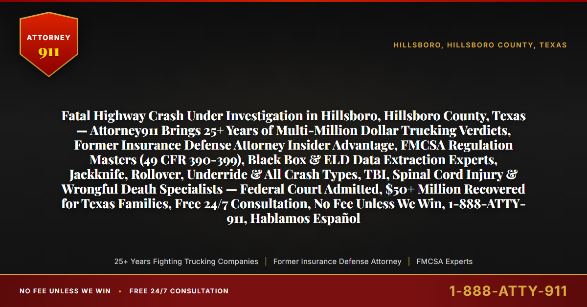 Fatal Highway Crash Under Investigation in Hillsboro, Hillsboro County, Texas — Attorney911 Brings 25+ Years of Multi-Million Dollar Trucking Verdicts, Former Insurance Defense Attorney Insider Advantage, FMCSA Regulation Masters (49 CFR 390-399), Black Box & ELD Data Extraction Experts, Jackknife, Rollover, Underride & All Crash Types, TBI, Spinal Cord Injury & Wrongful Death Specialists — Federal Court Admitted, $50+ Million Recovered for Texas Families, Free 24/7 Consultation, No Fee Unless We Win, 1-888-ATTY-911, Hablamos Español - Attorney911