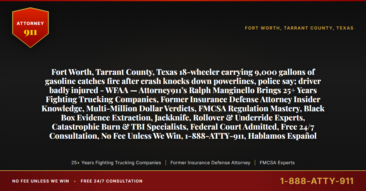 Fort Worth, Tarrant County, Texas 18-wheeler carrying 9,000 gallons of gasoline catches fire after crash knocks down powerlines, police say; driver badly injured - WFAA — Attorney911’s Ralph Manginello Brings 25+ Years Fighting Trucking Companies, Former Insurance Defense Attorney Insider Knowledge, Multi-Million Dollar Verdicts, FMCSA Regulation Mastery, Black Box Evidence Extraction, Jackknife, Rollover & Underride Experts, Catastrophic Burn & TBI Specialists, Federal Court Admitted, Free 24/7 Consultation, No Fee Unless We Win, 1-888-ATTY-911, Hablamos Español - Attorney911