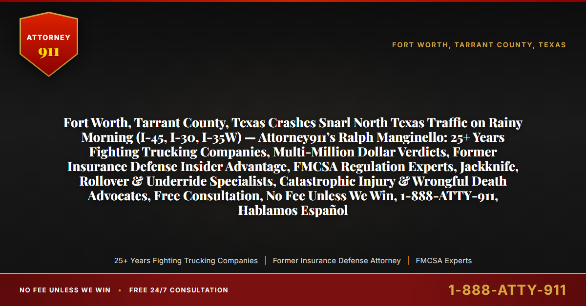 Fort Worth, Tarrant County, Texas Crashes Snarl North Texas Traffic on Rainy Morning (I-45, I-30, I-35W) — Attorney911’s Ralph Manginello: 25+ Years Fighting Trucking Companies, Multi-Million Dollar Verdicts, Former Insurance Defense Insider Advantage, FMCSA Regulation Experts, Jackknife, Rollover & Underride Specialists, Catastrophic Injury & Wrongful Death Advocates, Free Consultation, No Fee Unless We Win, 1-888-ATTY-911, Hablamos Español - Attorney911