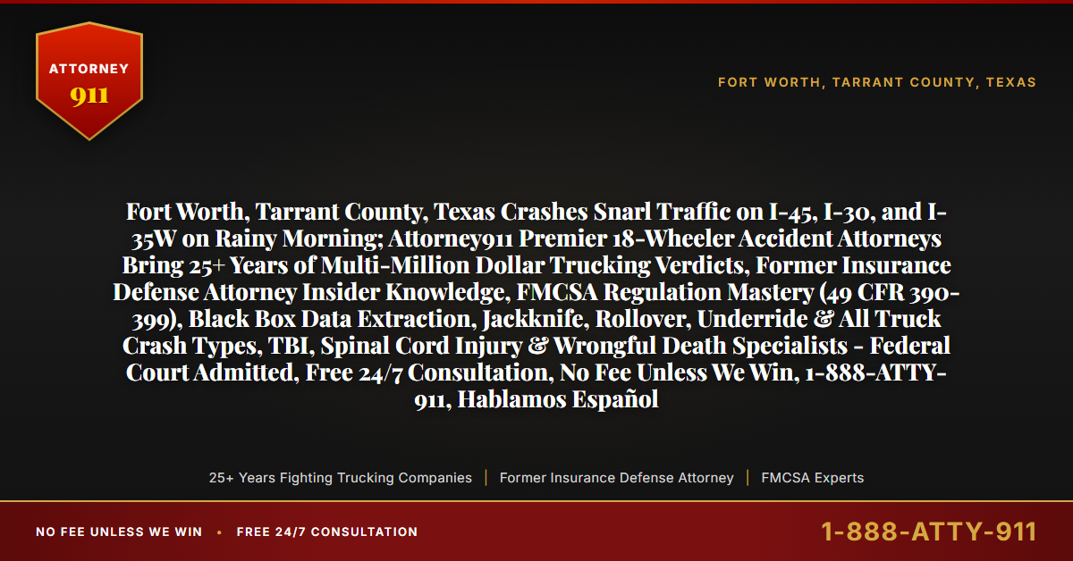 Fort Worth, Tarrant County, Texas Crashes Snarl Traffic on I-45, I-30, and I-35W on Rainy Morning; Attorney911 Premier 18-Wheeler Accident Attorneys Bring 25+ Years of Multi-Million Dollar Trucking Verdicts, Former Insurance Defense Attorney Insider Knowledge, FMCSA Regulation Mastery (49 CFR 390-399), Black Box Data Extraction, Jackknife, Rollover, Underride & All Truck Crash Types, TBI, Spinal Cord Injury & Wrongful Death Specialists - Federal Court Admitted, Free 24/7 Consultation, No Fee Unless We Win, 1-888-ATTY-911, Hablamos Español - Attorney911