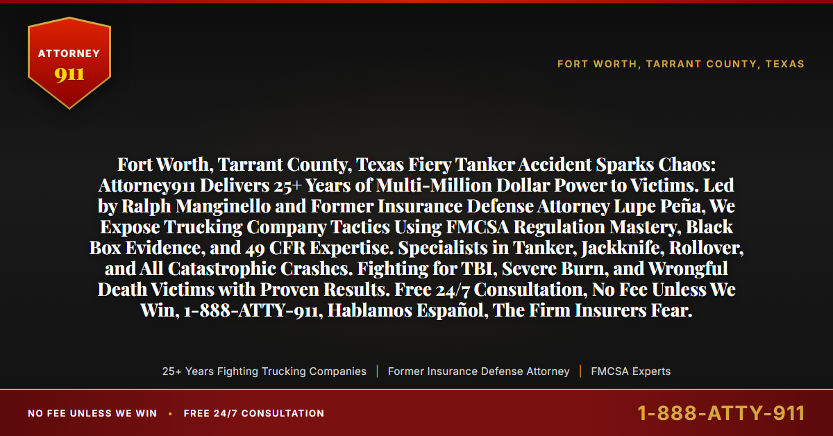 Fort Worth, Tarrant County, Texas Fiery Tanker Accident Sparks Chaos: Attorney911 Delivers 25+ Years of Multi-Million Dollar Power to Victims. Led by Ralph Manginello and Former Insurance Defense Attorney Lupe Peña, We Expose Trucking Company Tactics Using FMCSA Regulation Mastery, Black Box Evidence, and 49 CFR Expertise. Specialists in Tanker, Jackknife, Rollover, and All Catastrophic Crashes. Fighting for TBI, Severe Burn, and Wrongful Death Victims with Proven Results. Free 24/7 Consultation, No Fee Unless We Win, 1-888-ATTY-911, Hablamos Español, The Firm Insurers Fear. - Attorney911