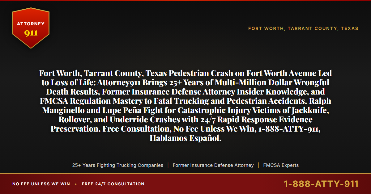 Fort Worth, Tarrant County, Texas Pedestrian Crash on Fort Worth Avenue Led to Loss of Life: Attorney911 Brings 25+ Years of Multi-Million Dollar Wrongful Death Results, Former Insurance Defense Attorney Insider Knowledge, and FMCSA Regulation Mastery to Fatal Trucking and Pedestrian Accidents. Ralph Manginello and Lupe Peña Fight for Catastrophic Injury Victims of Jackknife, Rollover, and Underride Crashes with 24/7 Rapid Response Evidence Preservation. Free Consultation, No Fee Unless We Win, 1-888-ATTY-911, Hablamos Español. - Attorney911