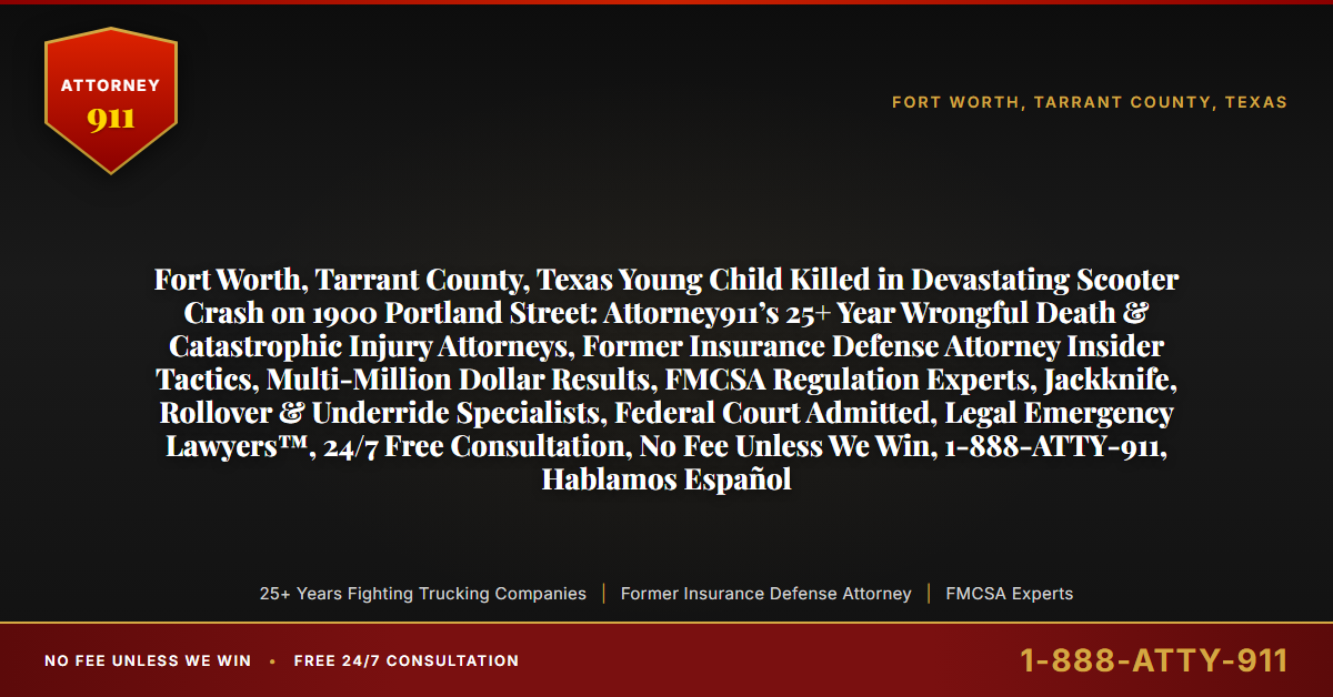 Fort Worth, Tarrant County, Texas Young Child Killed in Devastating Scooter Crash on 1900 Portland Street: Attorney911’s 25+ Year Wrongful Death & Catastrophic Injury Attorneys, Former Insurance Defense Attorney Insider Tactics, Multi-Million Dollar Results, FMCSA Regulation Experts, Jackknife, Rollover & Underride Specialists, Federal Court Admitted, Legal Emergency Lawyers™, 24/7 Free Consultation, No Fee Unless We Win, 1-888-ATTY-911, Hablamos Español - Attorney911