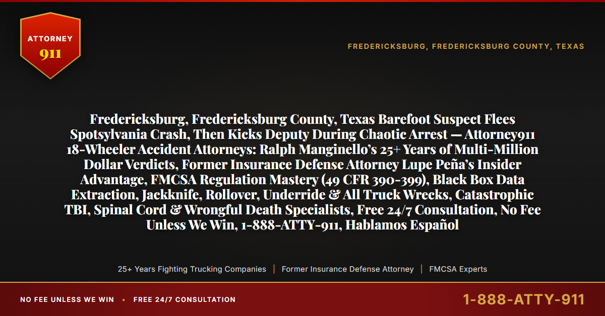 Fredericksburg, Fredericksburg County, Texas Barefoot Suspect Flees Spotsylvania Crash, Then Kicks Deputy During Chaotic Arrest — Attorney911 18-Wheeler Accident Attorneys: Ralph Manginello’s 25+ Years of Multi-Million Dollar Verdicts, Former Insurance Defense Attorney Lupe Peña’s Insider Advantage, FMCSA Regulation Mastery (49 CFR 390-399), Black Box Data Extraction, Jackknife, Rollover, Underride & All Truck Wrecks, Catastrophic TBI, Spinal Cord & Wrongful Death Specialists, Free 24/7 Consultation, No Fee Unless We Win, 1-888-ATTY-911, Hablamos Español - Attorney911