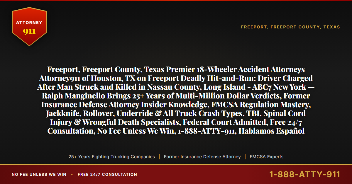Freeport, Freeport County, Texas Premier 18-Wheeler Accident Attorneys Attorney911 of Houston, TX on Freeport Deadly Hit-and-Run: Driver Charged After Man Struck and Killed in Nassau County, Long Island - ABC7 New York — Ralph Manginello Brings 25+ Years of Multi-Million Dollar Verdicts, Former Insurance Defense Attorney Insider Knowledge, FMCSA Regulation Mastery, Jackknife, Rollover, Underride & All Truck Crash Types, TBI, Spinal Cord Injury & Wrongful Death Specialists, Federal Court Admitted, Free 24/7 Consultation, No Fee Unless We Win, 1-888-ATTY-911, Hablamos Español - Attorney911