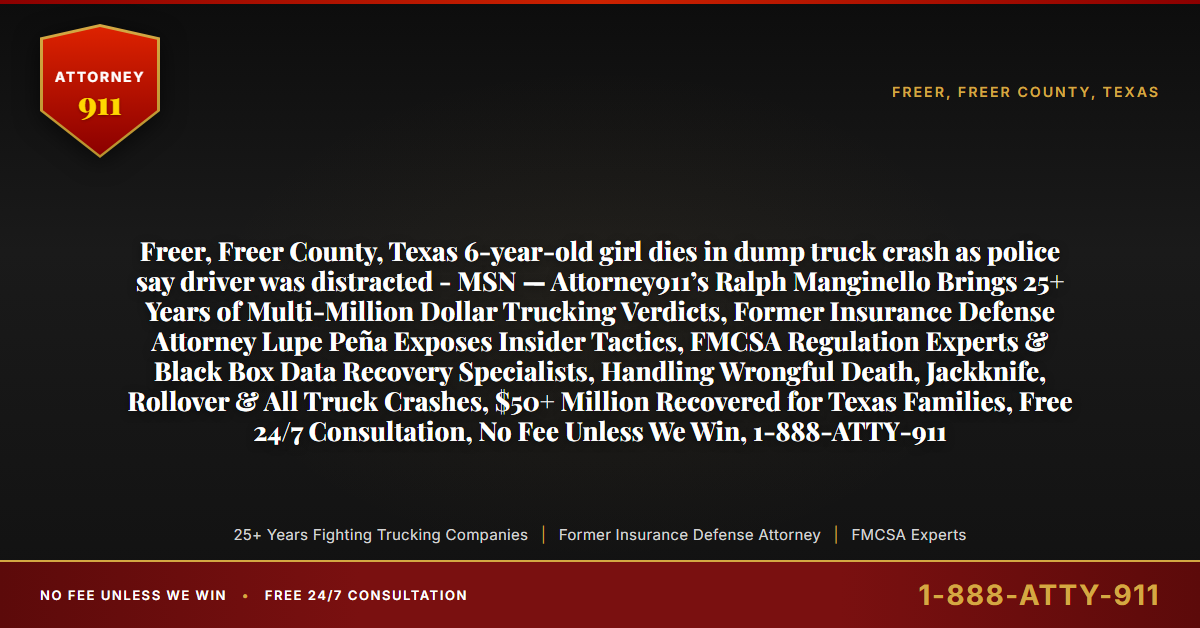 Freer, Freer County, Texas 6-year-old girl dies in dump truck crash as police say driver was distracted - MSN — Attorney911’s Ralph Manginello Brings 25+ Years of Multi-Million Dollar Trucking Verdicts, Former Insurance Defense Attorney Lupe Peña Exposes Insider Tactics, FMCSA Regulation Experts & Black Box Data Recovery Specialists, Handling Wrongful Death, Jackknife, Rollover & All Truck Crashes, $50+ Million Recovered for Texas Families, Free 24/7 Consultation, No Fee Unless We Win, 1-888-ATTY-911 - Attorney911